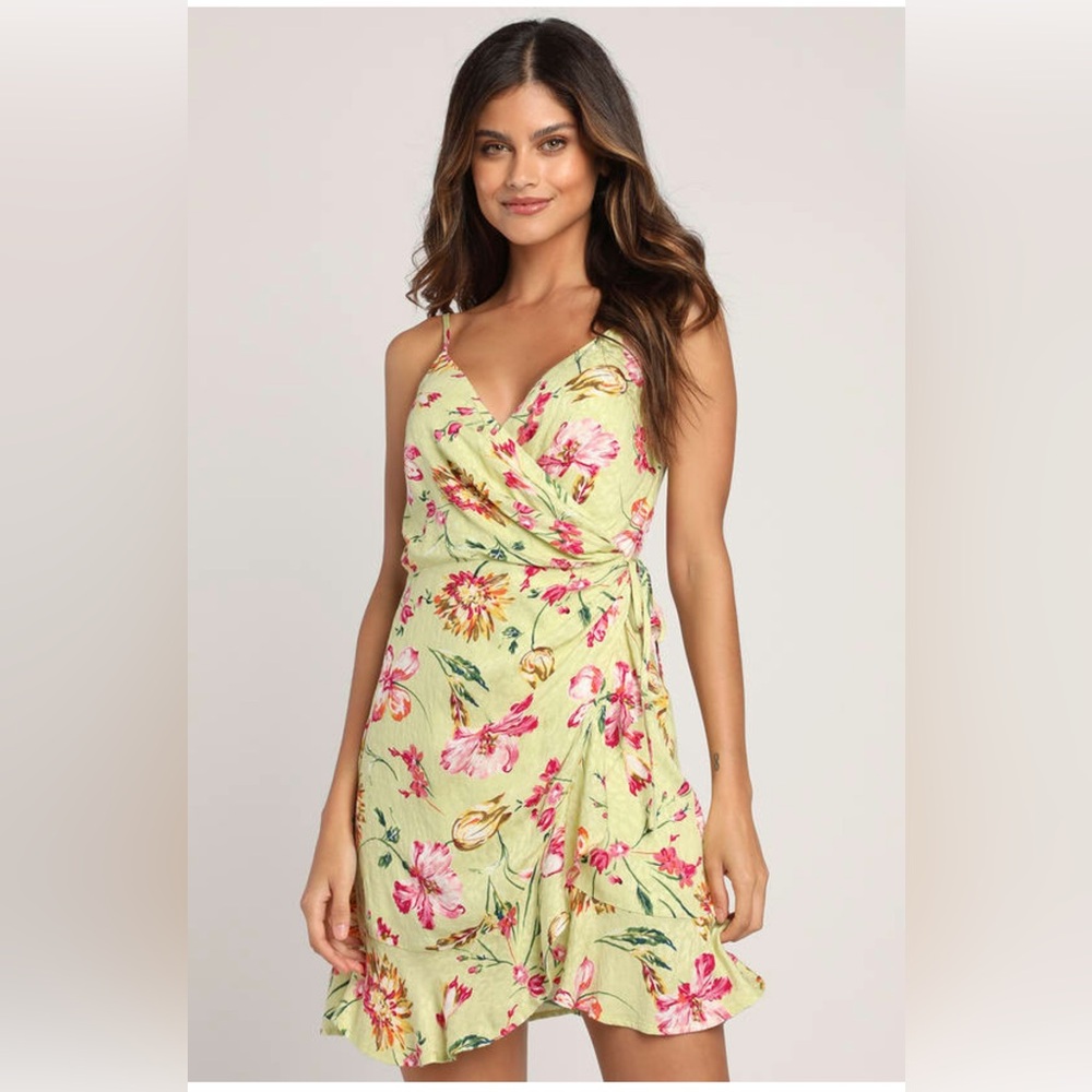 Lulu’s Sunny Spell Lime Floral Print Jacquard Wrap Mini Dress